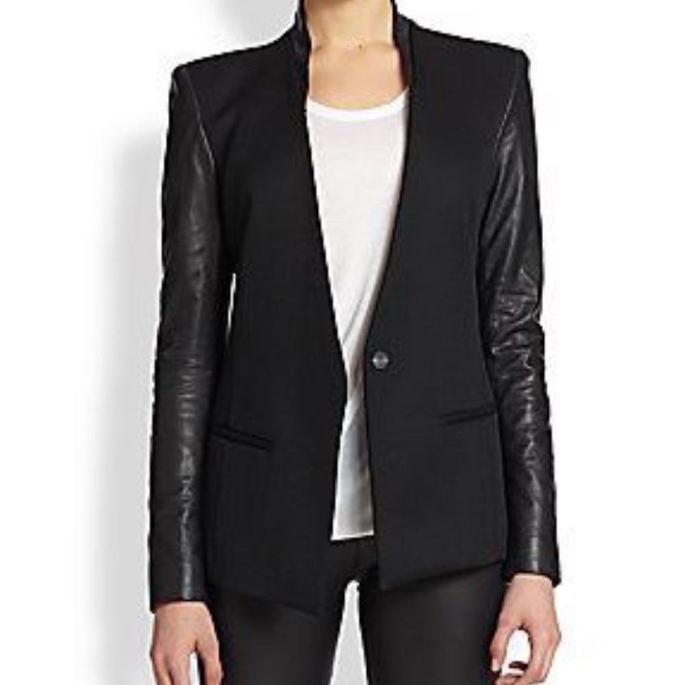 Helmut Lang Cruz Leather Sleeve Wool Blazer